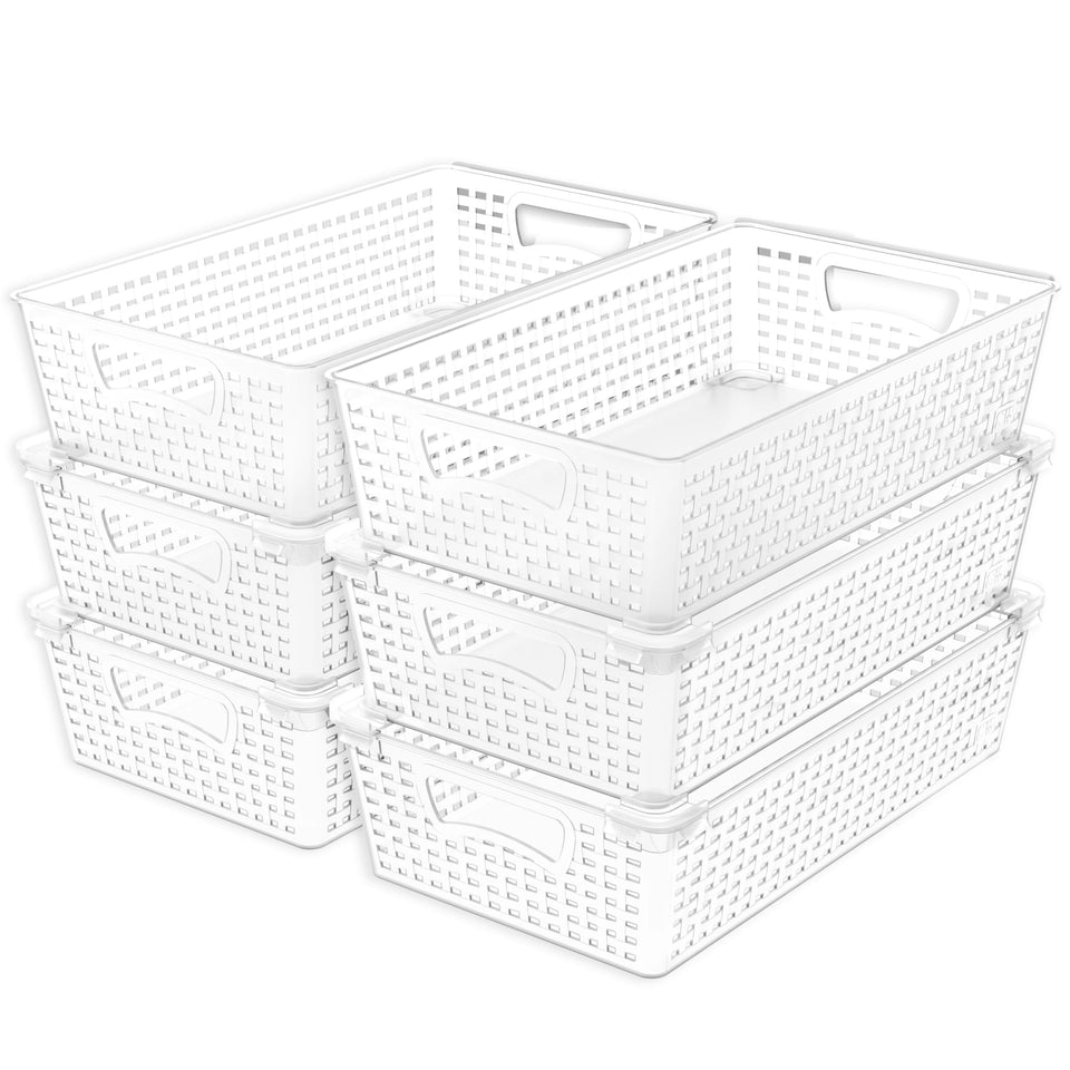 Simple Houseware stackable basket organizer in clear plastic for extra storage.