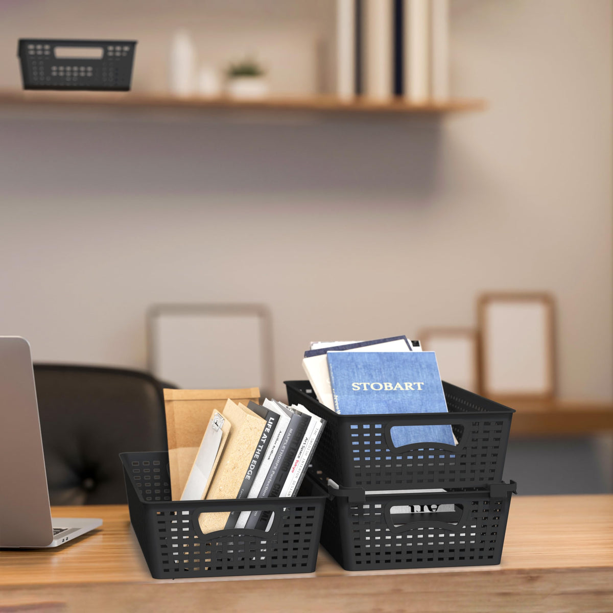 Simple Houseware stackable basket organizer fits fridge shelving for snacks.