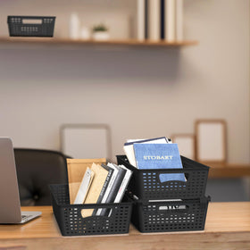 Simple Houseware stackable basket organizer fits fridge shelving for snacks.
