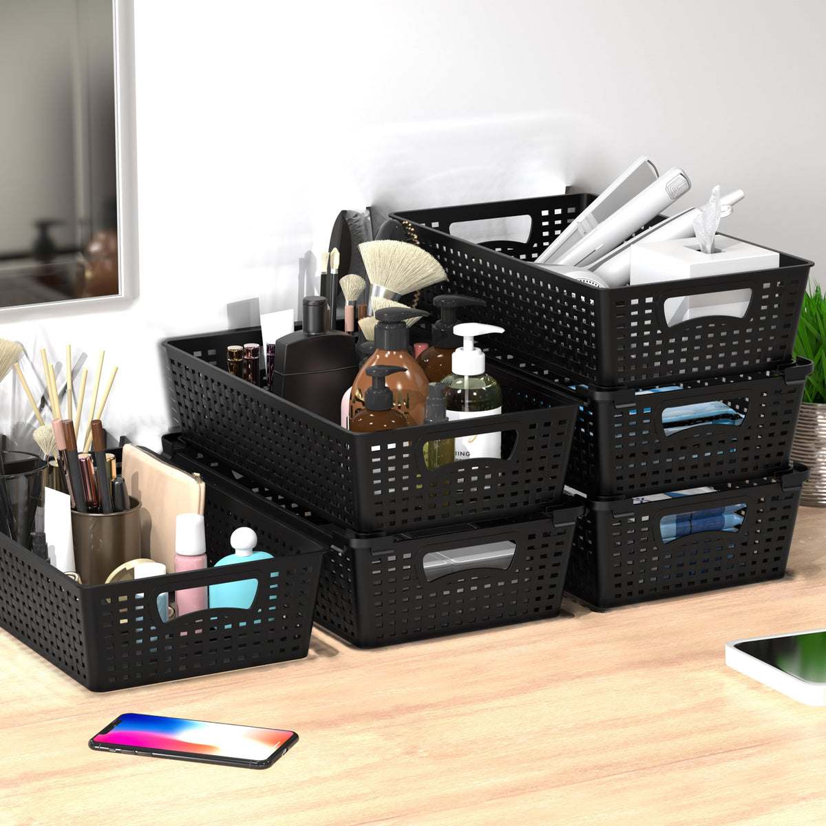 Simple Houseware stackable basket organizer in bathroom for toiletries.