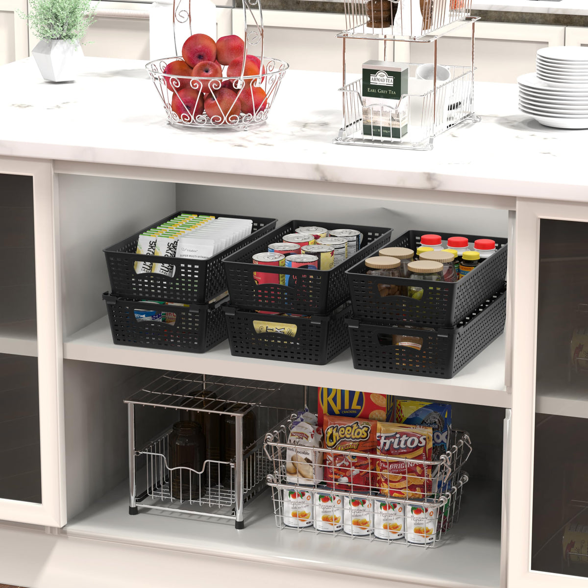 Simple Houseware stackable basket organizer stacked in a cabinet saves space.