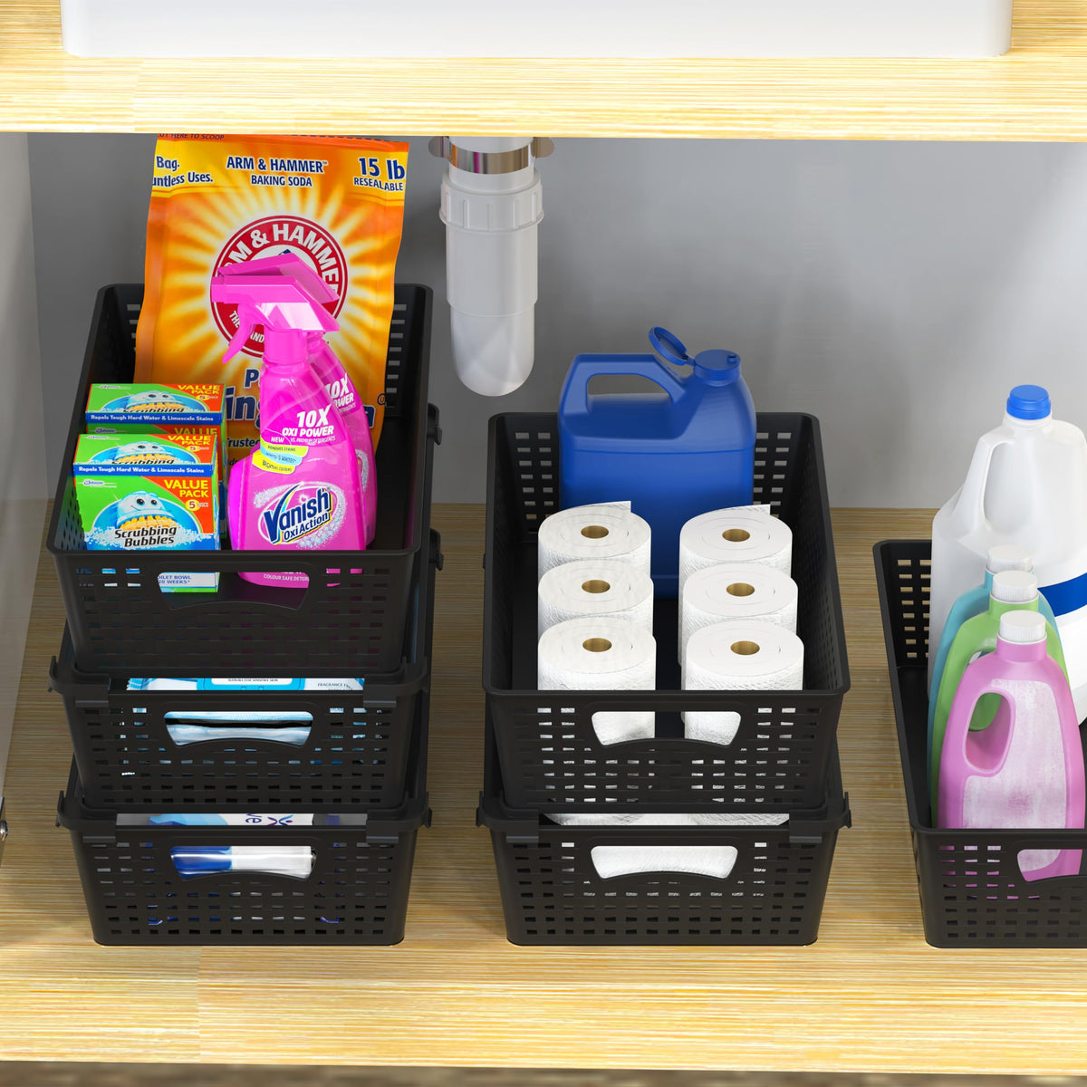 Simple Houseware stackable basket organizer keeps toys and tools tidy.