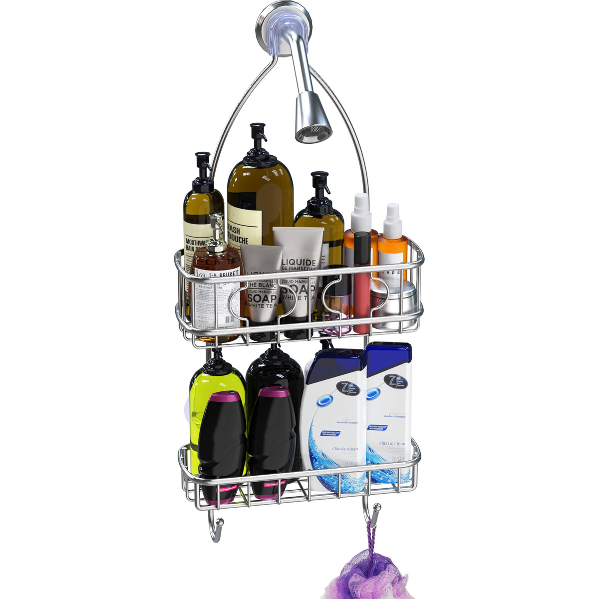 Simple Houseware deep basket and two-tier shelf hold large bottles securely.