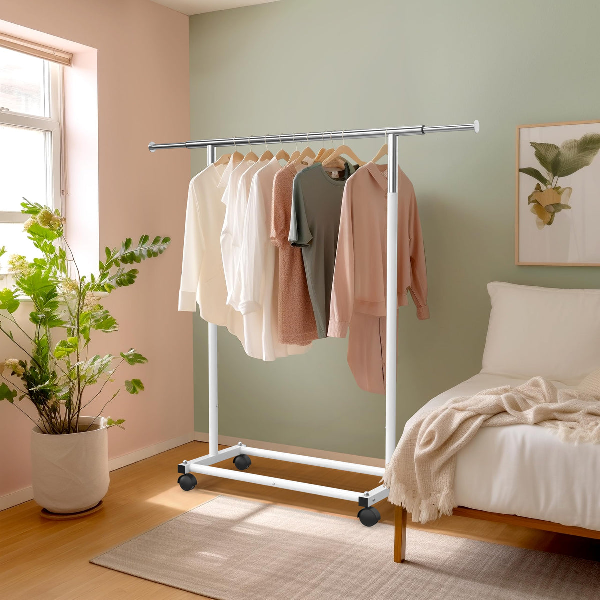 Dimensions of Simple Houseware rack show 48x58 inches for ample hanging space