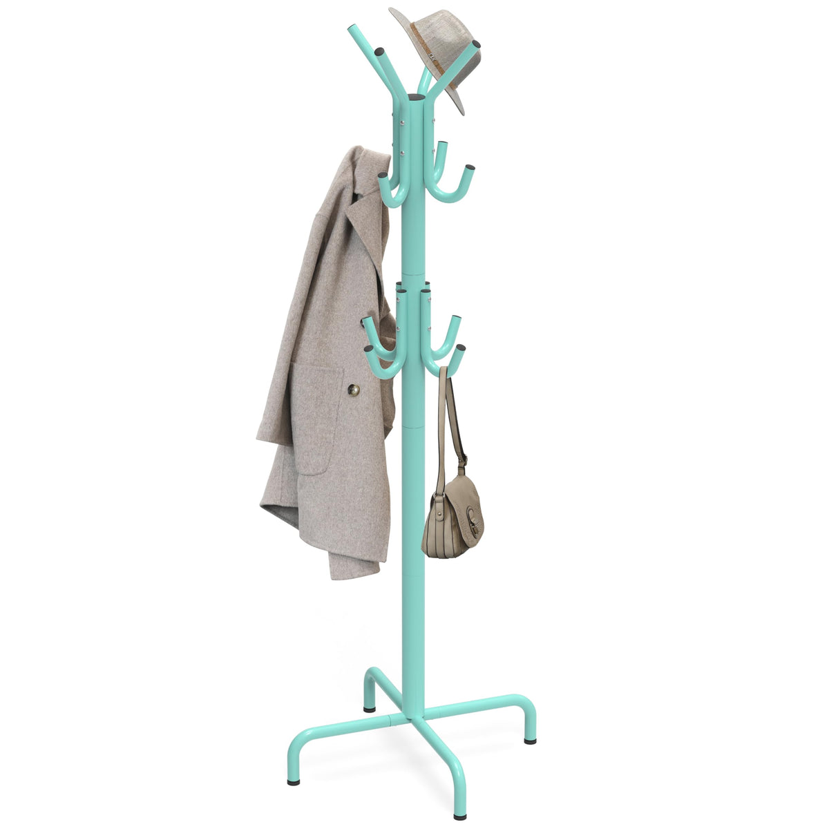Simple Houseware standing coat hanger with 12 hooks in turquoise for organized entryway storage.