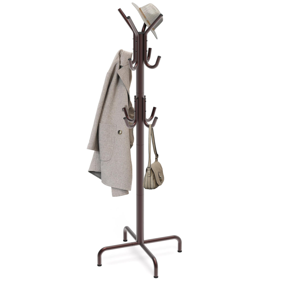 Simple Houseware standing coat hanger bronze front view showcasing twelve hooks for coats, hats, and organization.