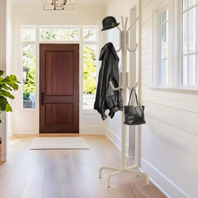 Simple Houseware standing coat rack showing all 12 hooks for coats, hats, and bags.
