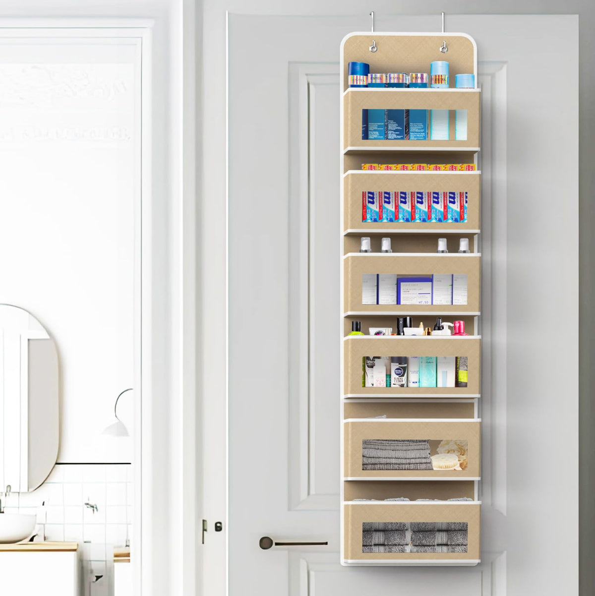 Tapered six-pocket design accommodates taller items like bottles and towels.