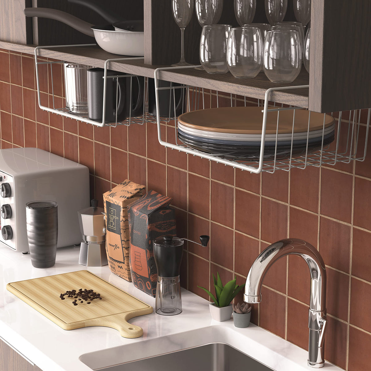 Simple Houseware under-shelf basket maximizing vertical space in cabinet