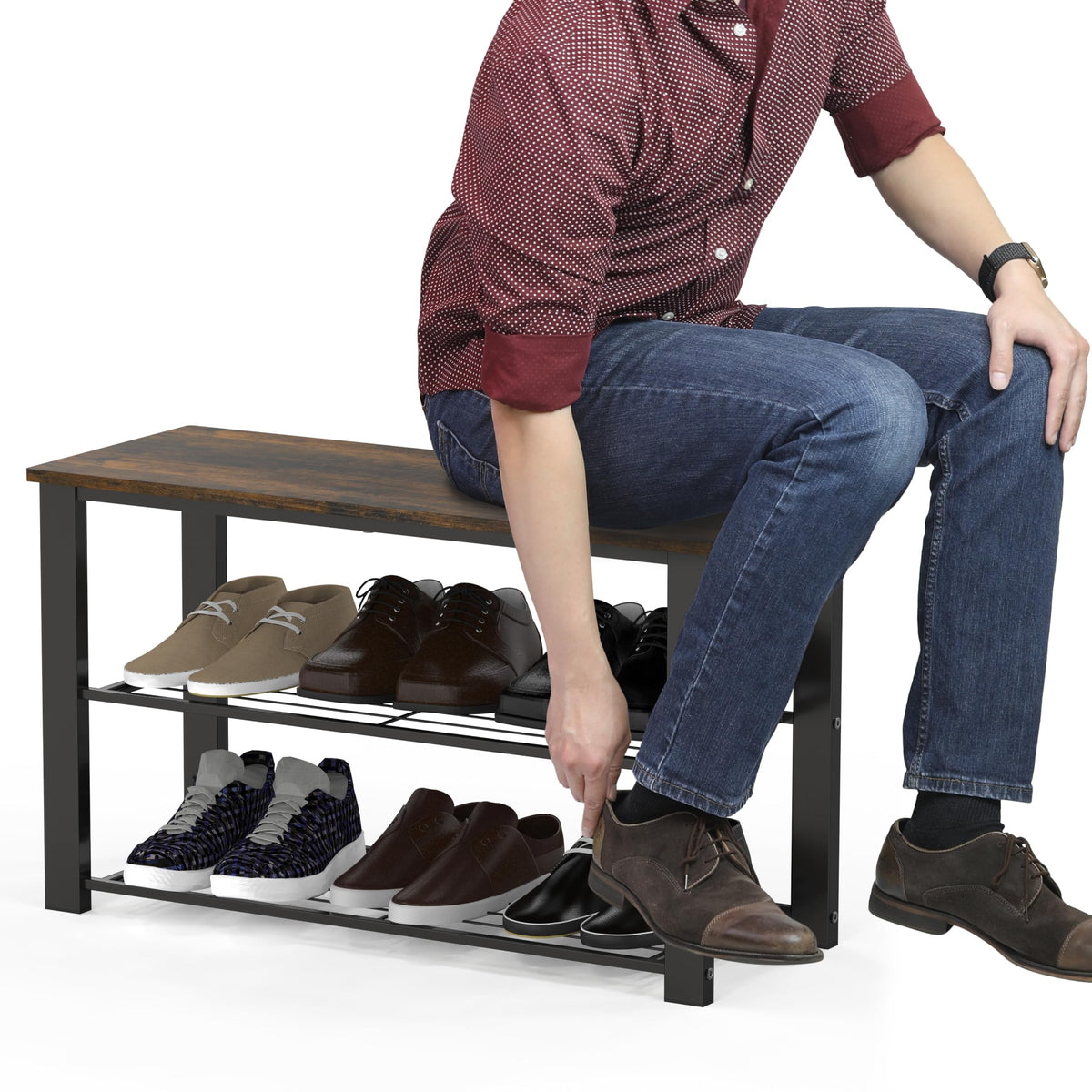 Simple Houseware wood top bench with upright shelves stores sneakers, sandals, and boxes.