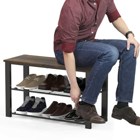 Simple Houseware wood top bench with upright shelves stores sneakers, sandals, and boxes.
