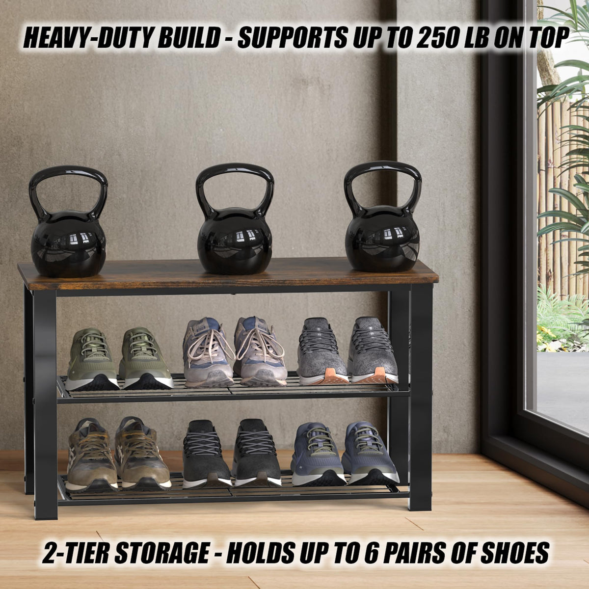 Simple Houseware shoe storage bench sits neatly in hallways or bedrooms.