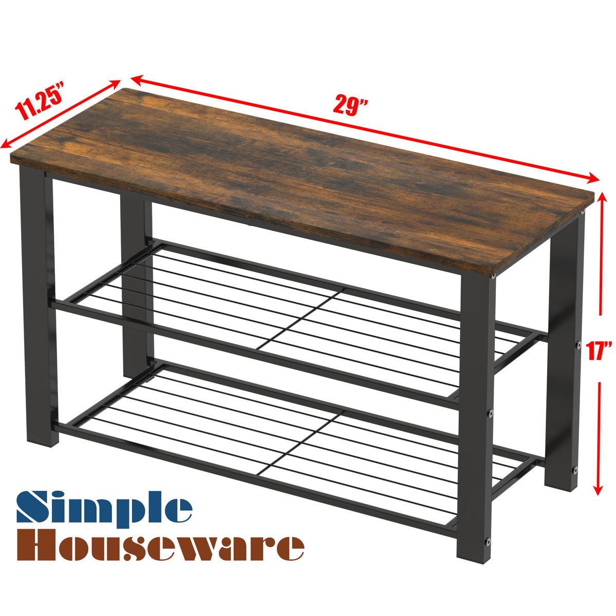 Simple Houseware entryway bench side angle highlights sturdy metal frame and rustic finish.