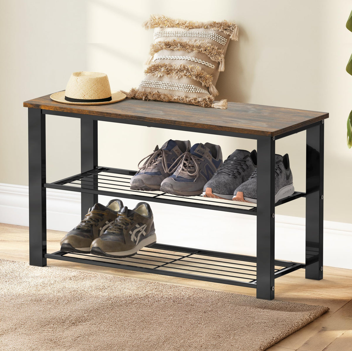 Simple Houseware wooden bench top view shows 2-tier shoe storage for clutter-free homes.