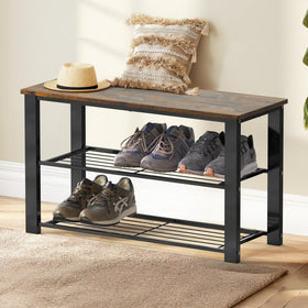 Simple Houseware wooden bench top view shows 2-tier shoe storage for clutter-free homes.