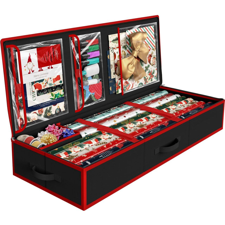 Simple Houseware wrap paper storage organizer overview showing full unit for holiday prep