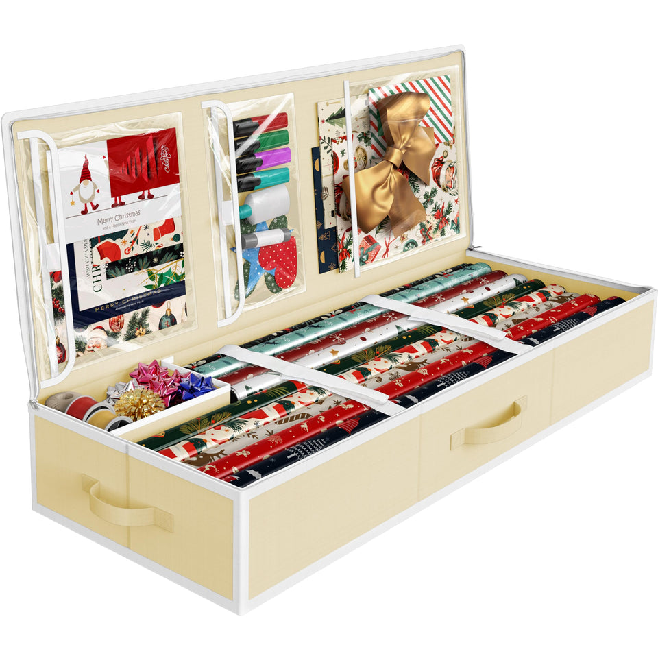 Simple Houseware wrapping paper storage shows a 41.5-inch length for up to 40 rolls.