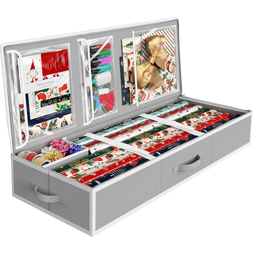 Simple Houseware wrapping paper storage organizer closed view keeps rolls dust-free and organized.
