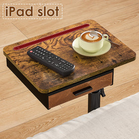 Simple Serenity C-shaped end table serves as a compact couch desk in small spaces.