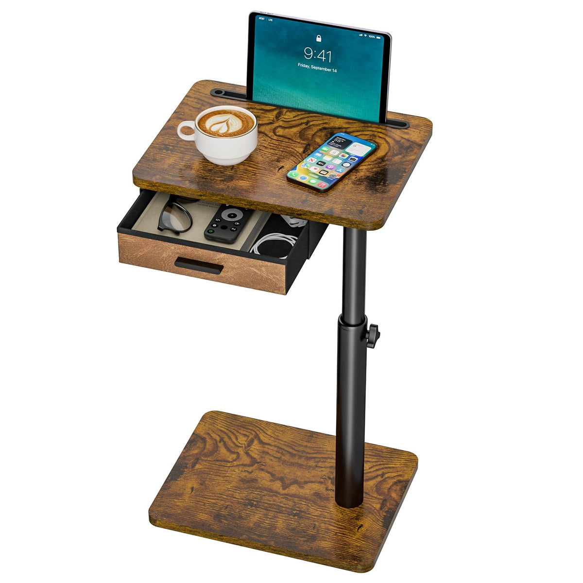 Simple Serenity TV tray table with drawer slot keeps remotes organized and within reach.
