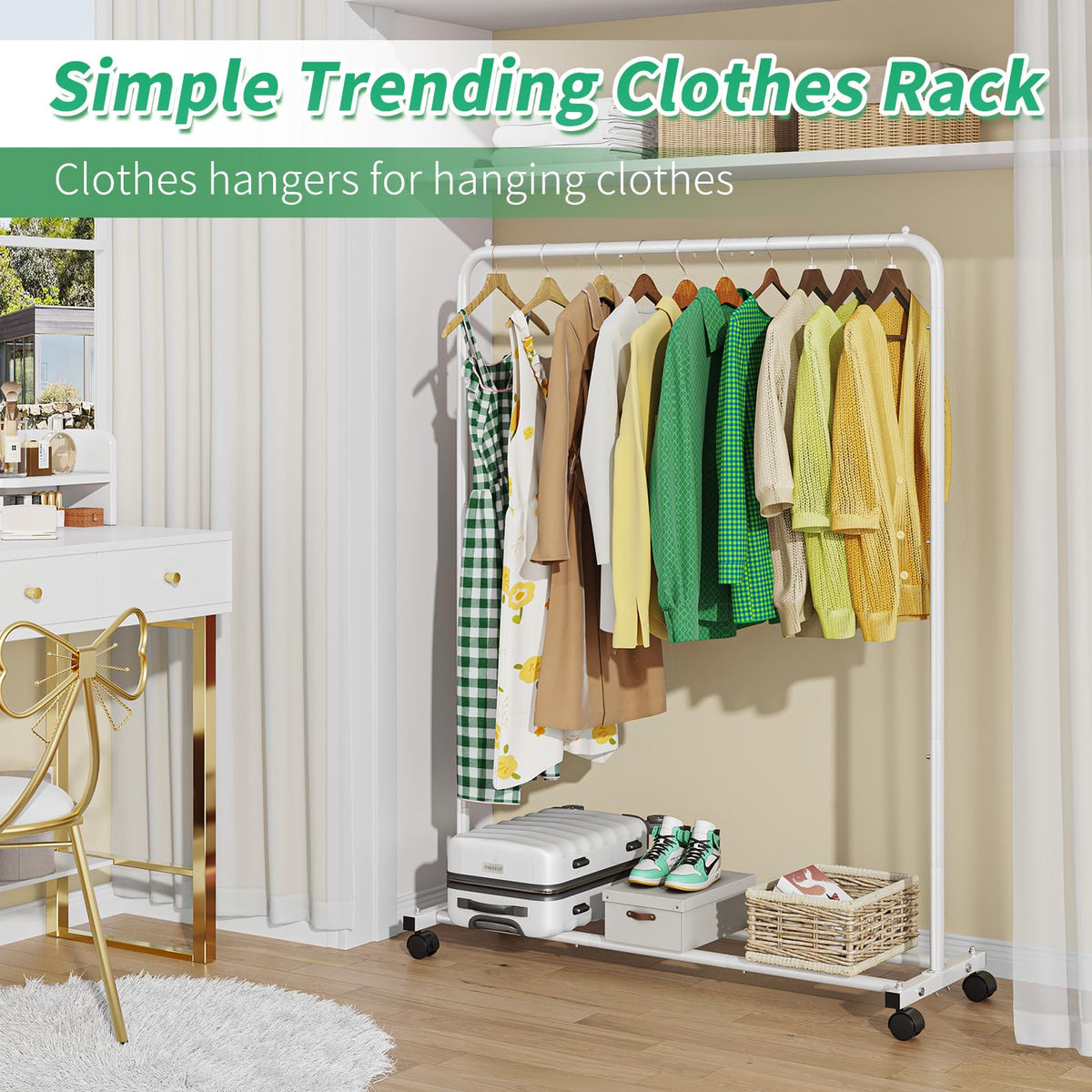 Simple Trending 360-degree wheels with brakes lock the rack securely in place.