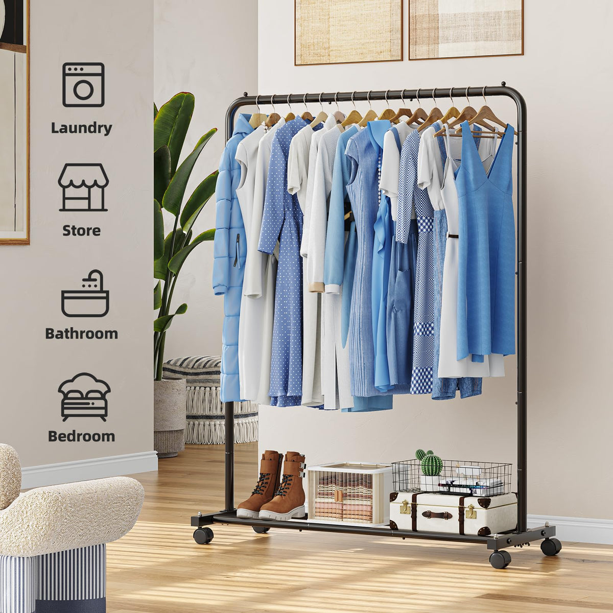 Simple Trending clothes rack bottom shelf provides extra storage space.