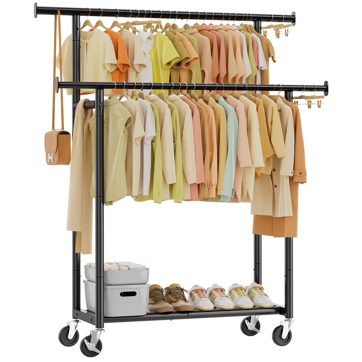 Simple Trending clothes rack with double rods boosts hanging space.