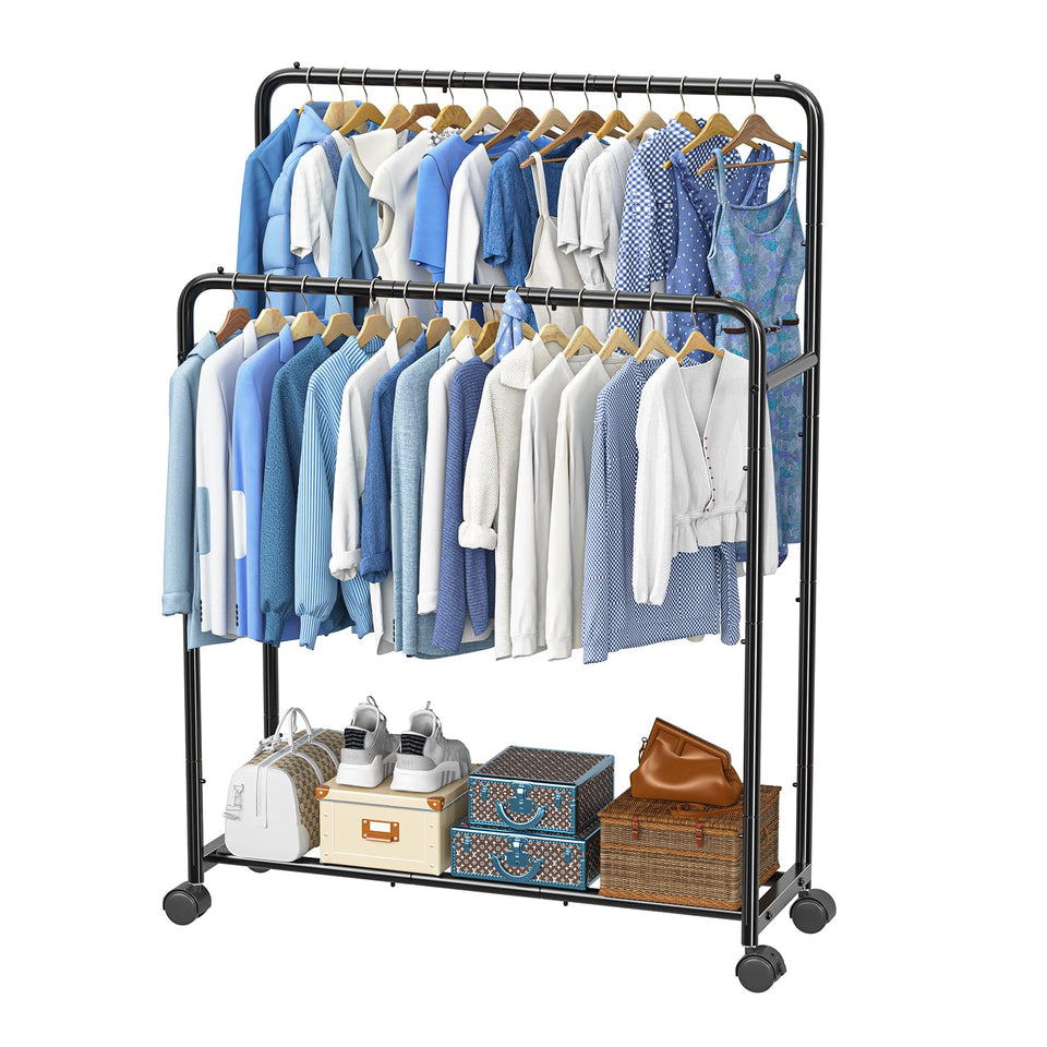 Simple Trending double-rods clothing rack with wheels for easy mobility