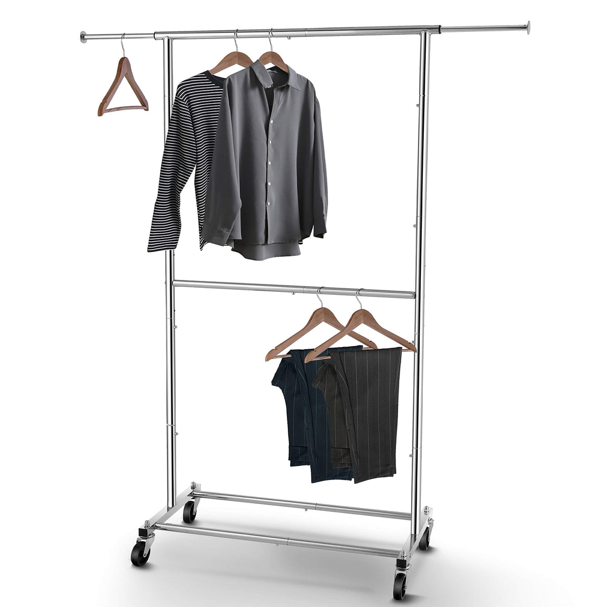 Simple Trending double rod clothing rack, assembled view, sturdy chrome finish.