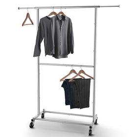 Simple Trending double rod clothing rack, assembled view, sturdy chrome finish.