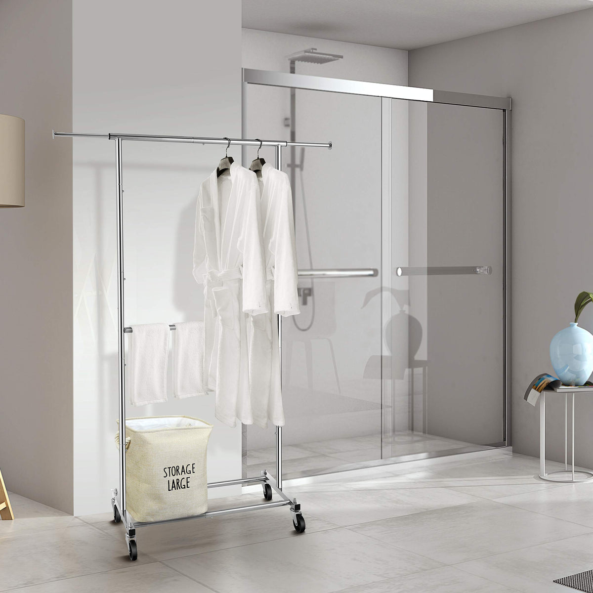 Simple Trending rack in dorm room, compact organization for small spaces.
