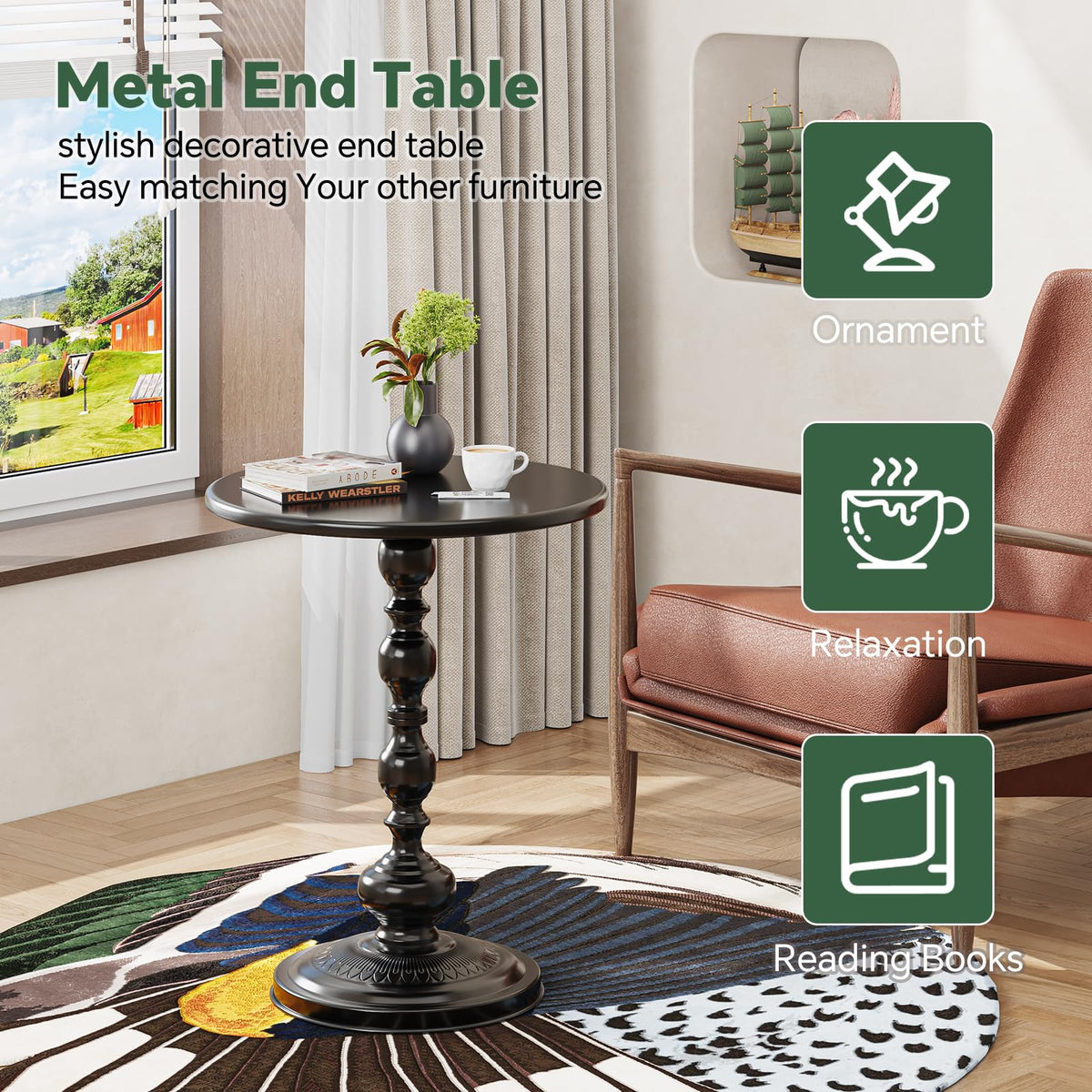 Simple Trending end table with pedestal design for stable surface beside seating.