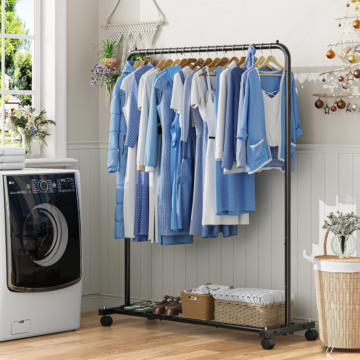 Simple Trending garment rack on wheels for easy mobility and placement.