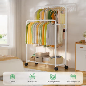 Simple Trending garment rack in metal frame, side view, sturdy storage
