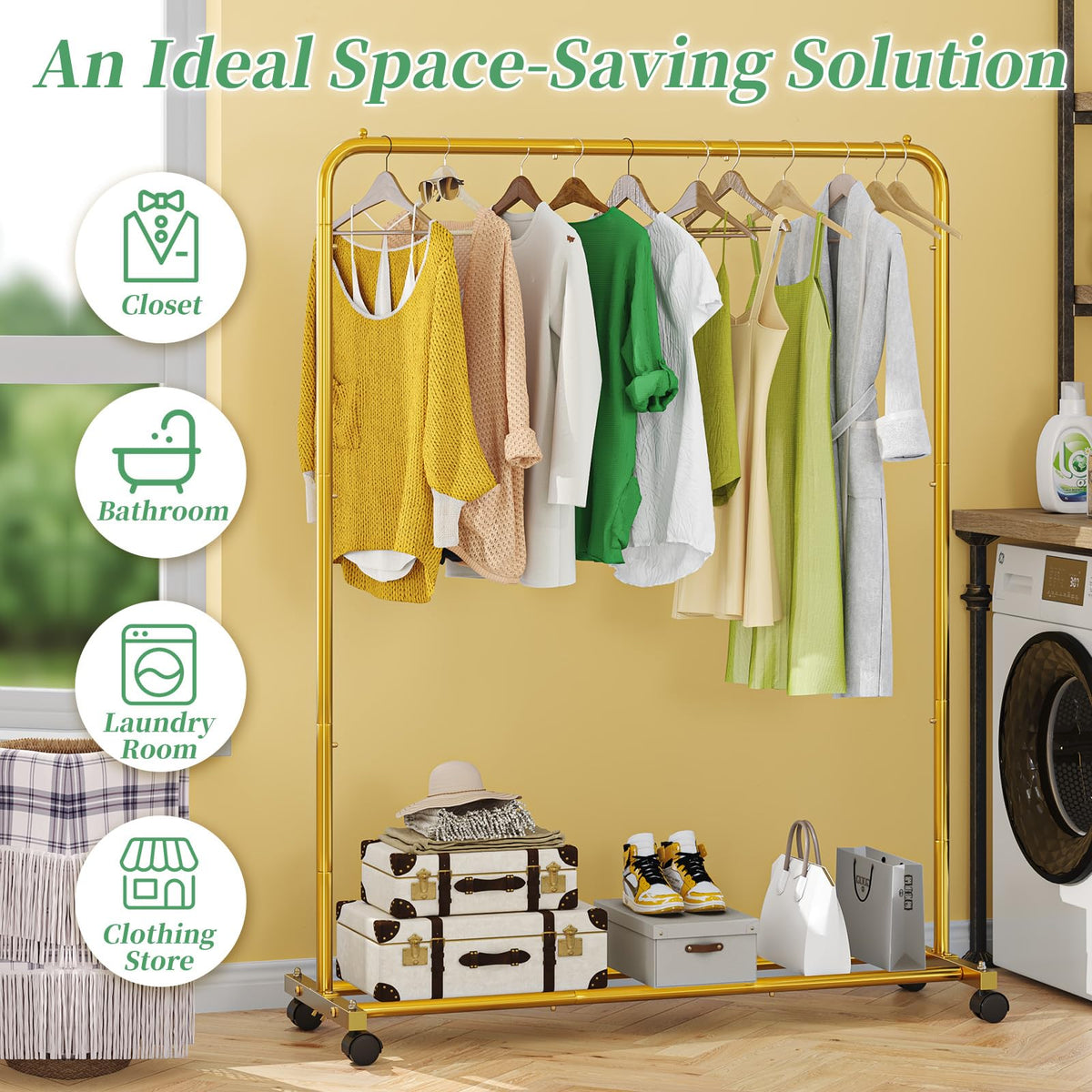 Simple Trending garment rack wheels and brakes demonstrate easy movement and stability.