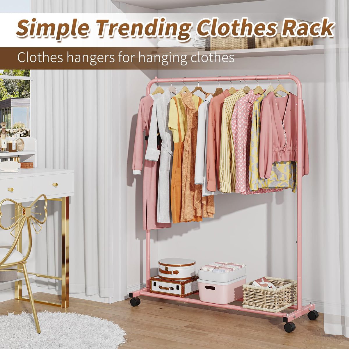 Simple Trending garment rack with brake wheels keeps lightweight clothes secure when needed.