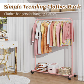Simple Trending garment rack with brake wheels keeps lightweight clothes secure when needed.