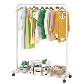 Simple Trending garment rack with storage shelves in white for organized wardrobe space.