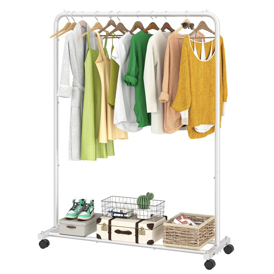 Simple Trending garment rack with storage shelves in white for organized wardrobe space.