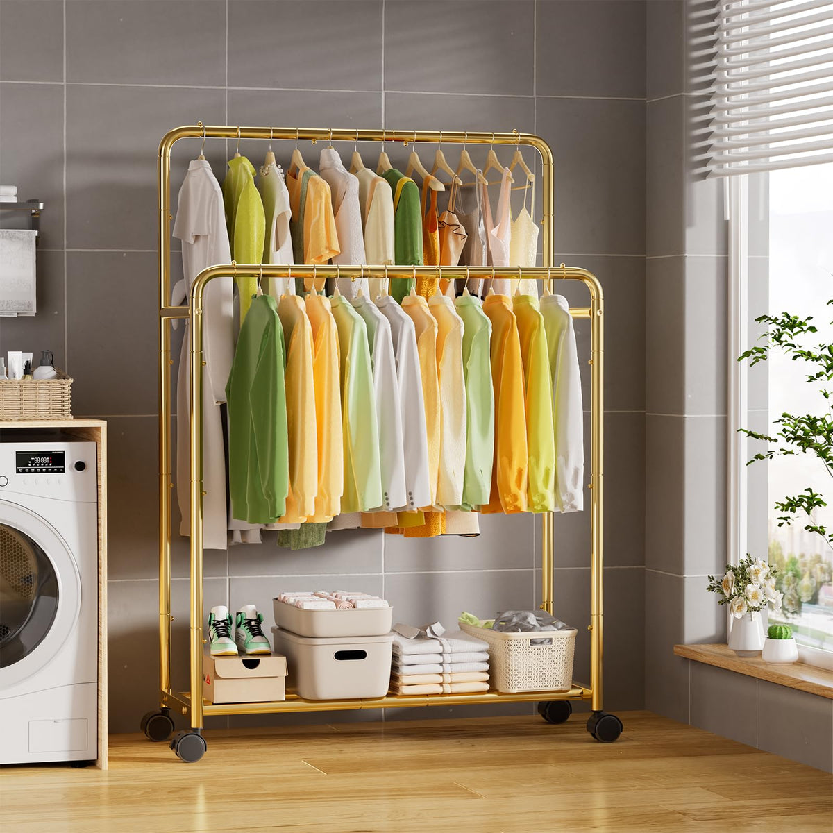 Simple Trending gold rack highlights a bottom shelf ideal for boxes and accessories.