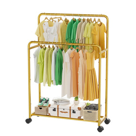 Simple Trending gold clothes rack with double rods and wheels for easy organization.