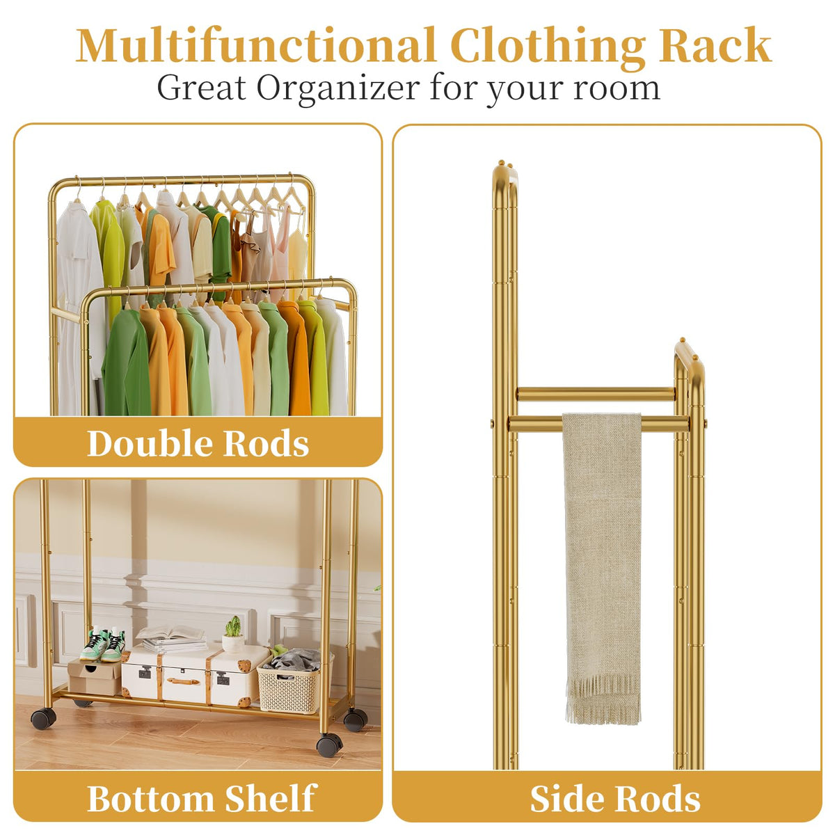 Simple Trending gold rack shows four swivel wheels for smooth movement and locking.