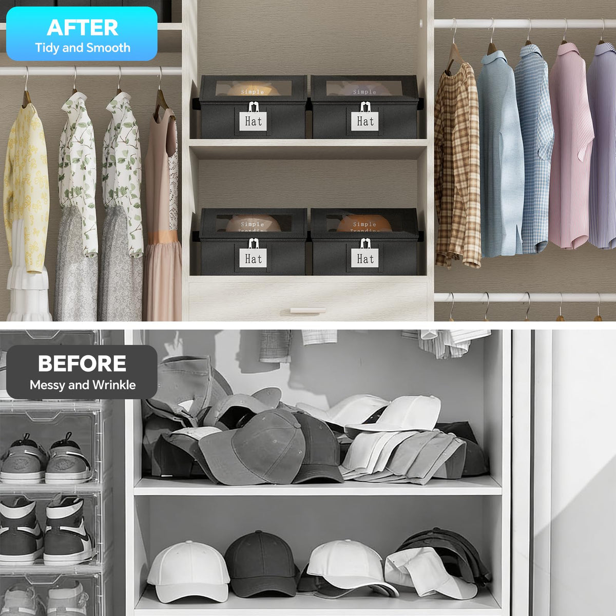 Simple Trending hat organizer with side name card window for easy identification.