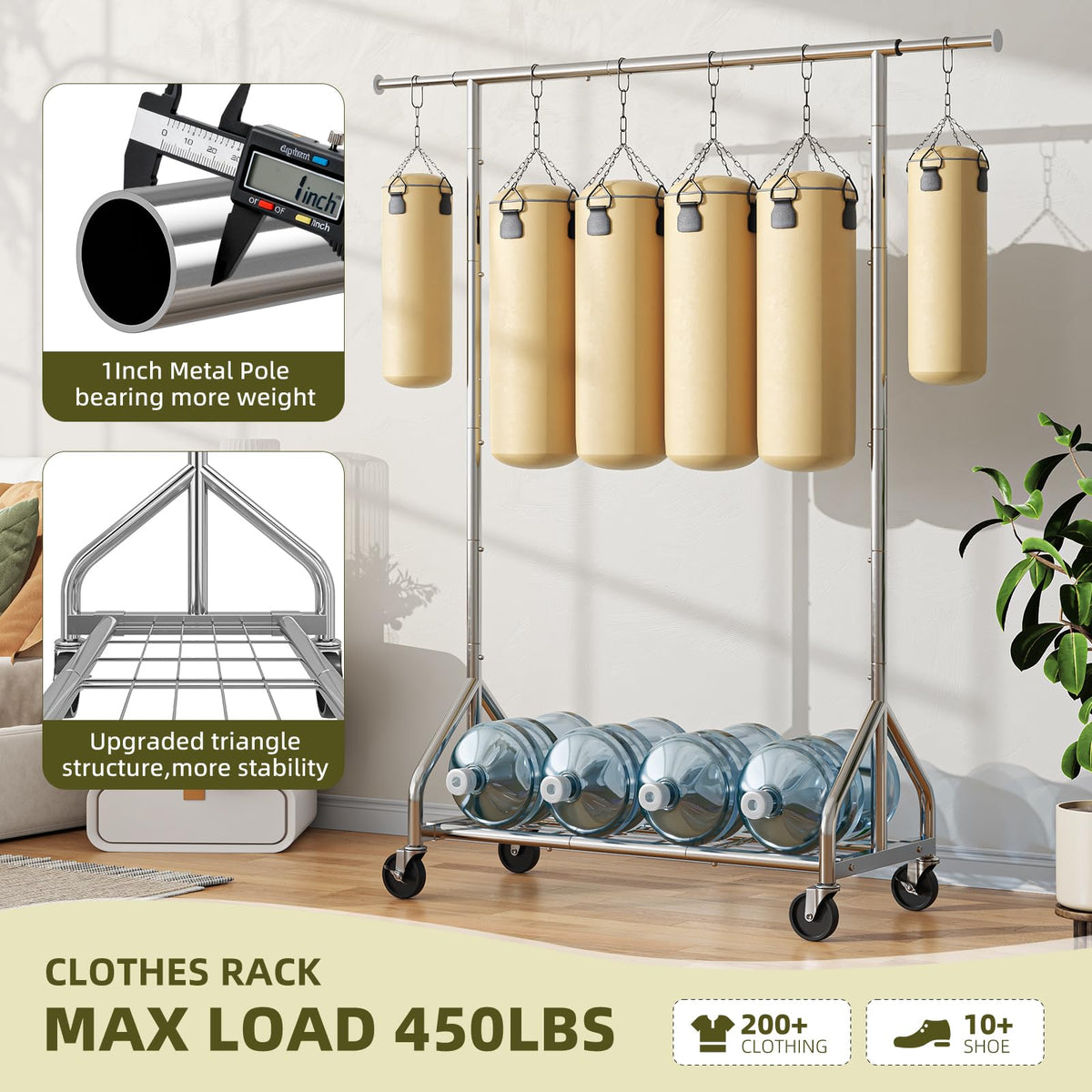 Adjustable crossbar on Simple Trending rack adapts to longer garments.