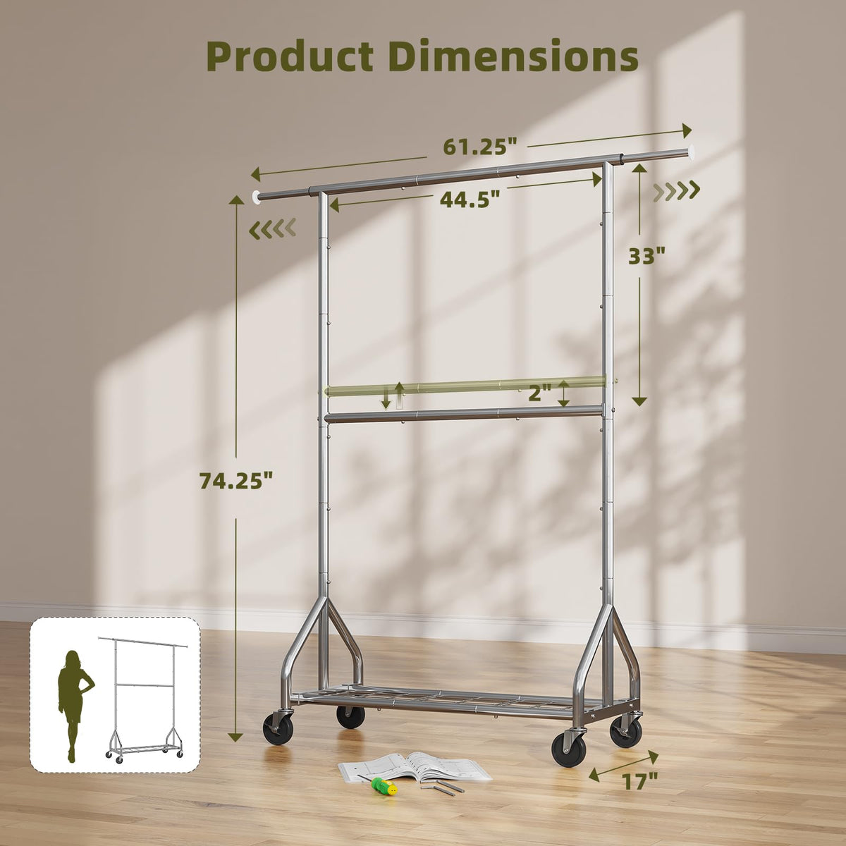 Chrome finish on Simple Trending rack suits bedrooms and laundry rooms.