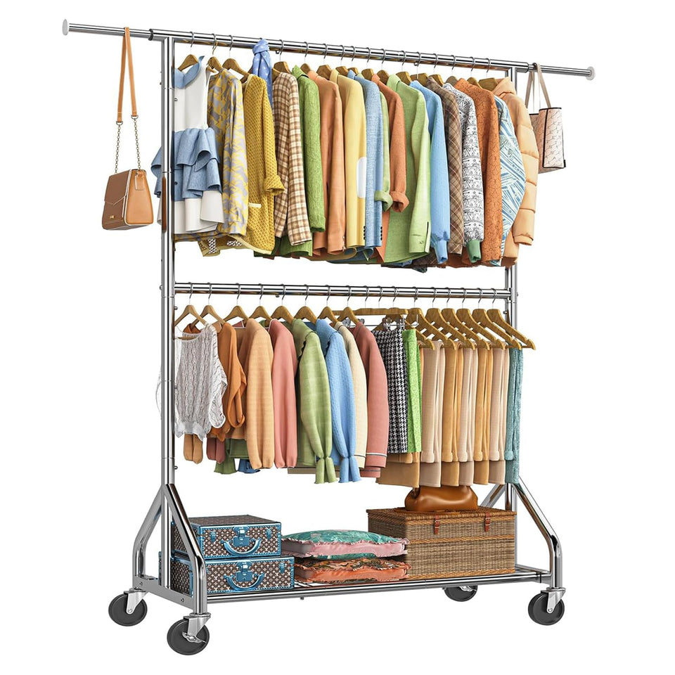 Simple Trending heavy-duty rack with double rod offers versatile hanging space.