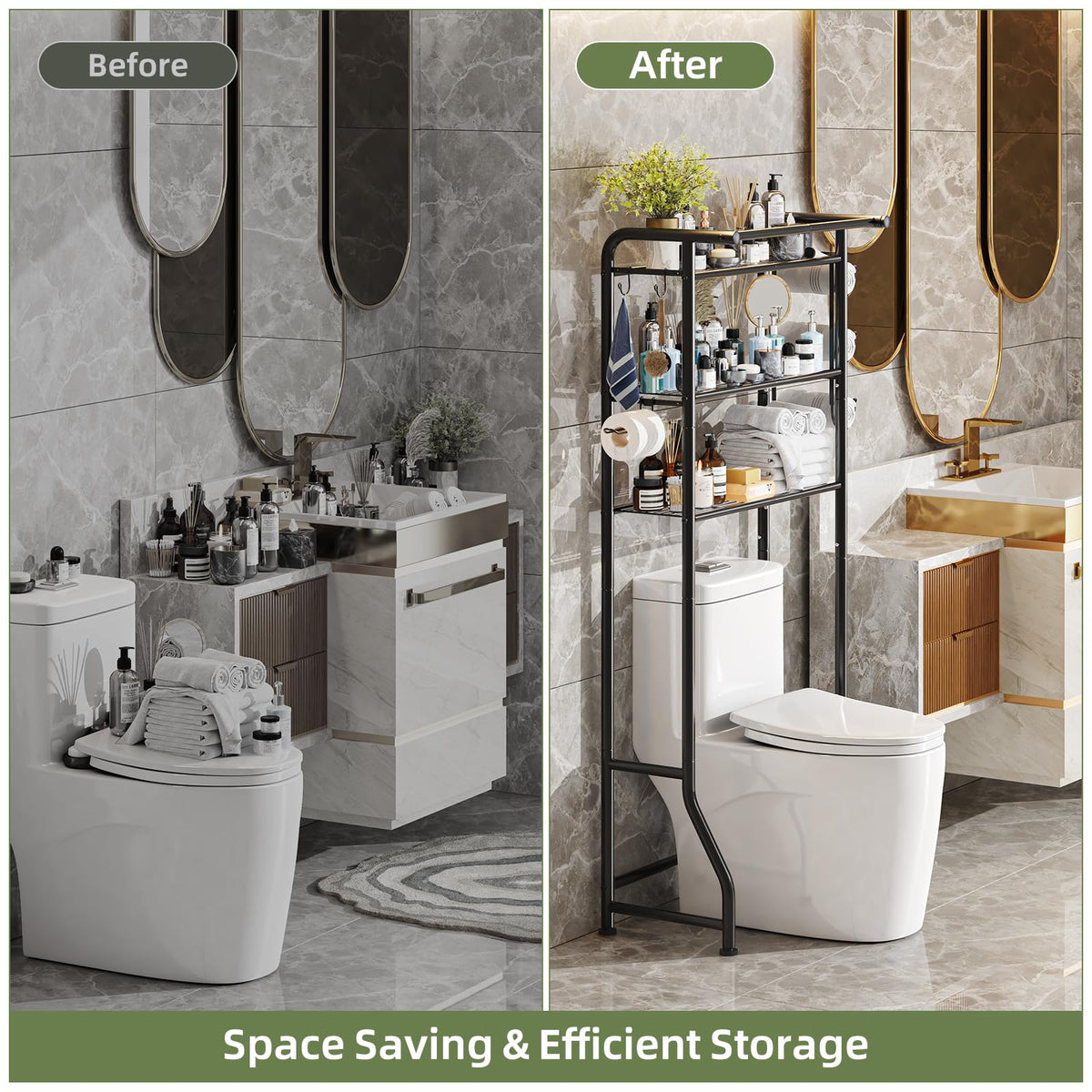 Metal bathroom shelf in black provides durable storage for towels and toiletries.