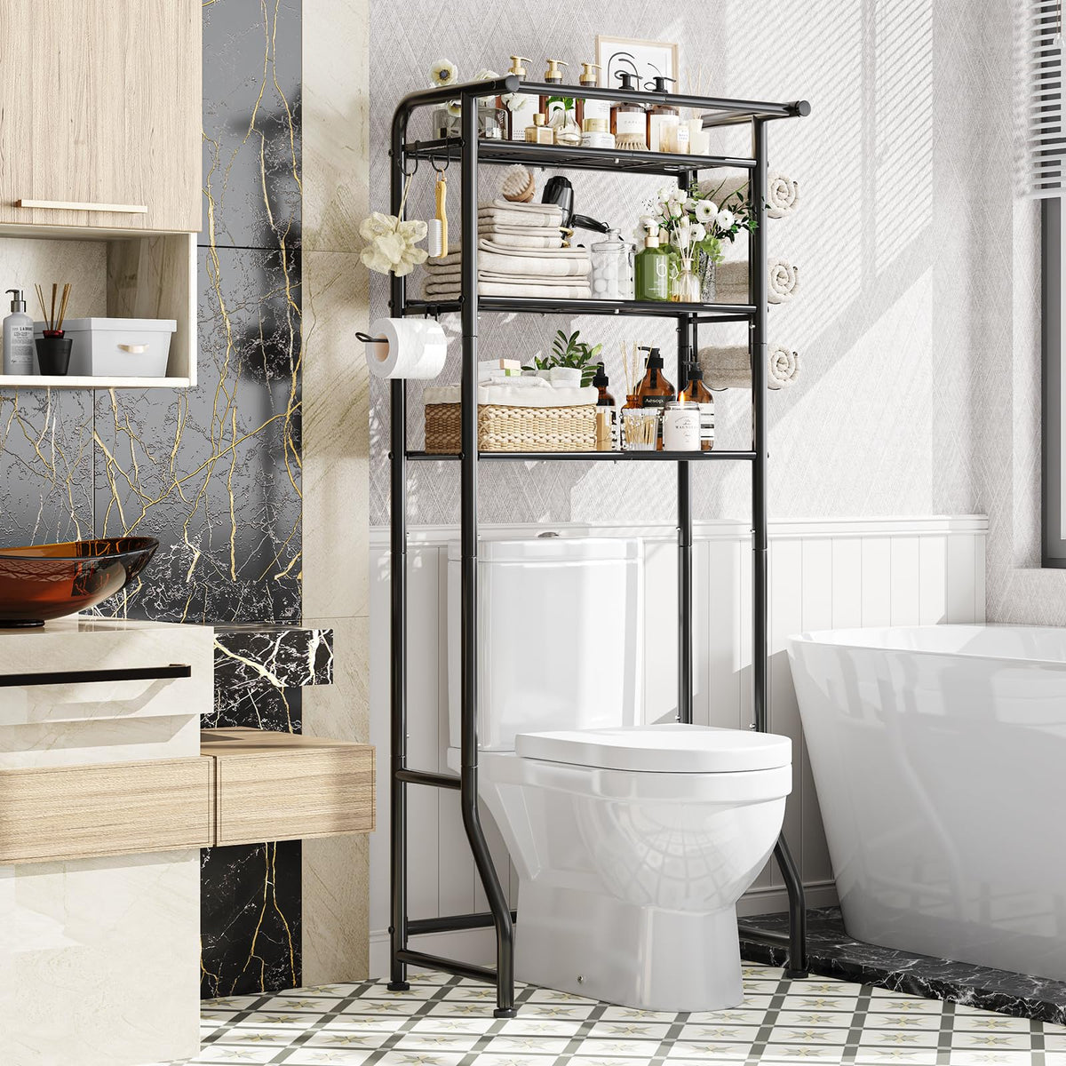 Simple Trending over-the-toilet cabinet offers vertical storage above the toilet.