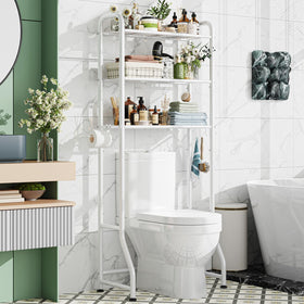Simple Trending over-the-toilet rack front view shows sturdy white metal organizer with ample shelves