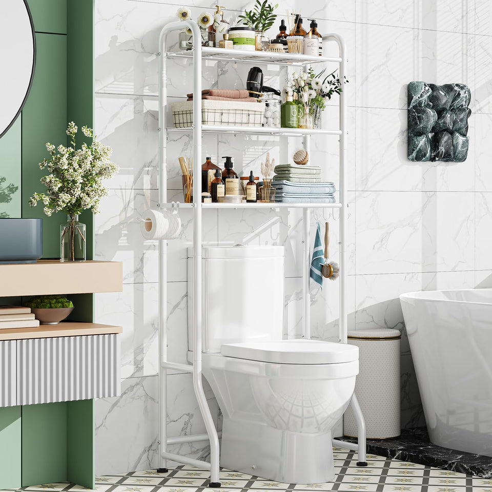 Simple Trending over-the-toilet rack front view shows sturdy white metal organizer with ample shelves